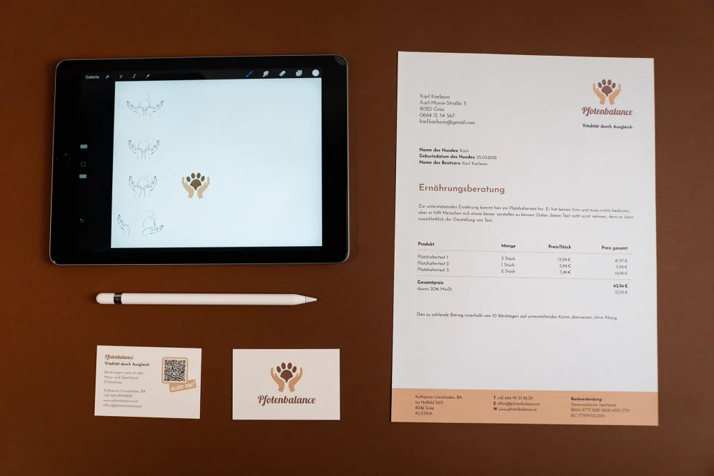 Brand Design von Corliss Design für Pfotenbalance, zu sehen ist eine Übersicht der Geschäftsdrucksorten