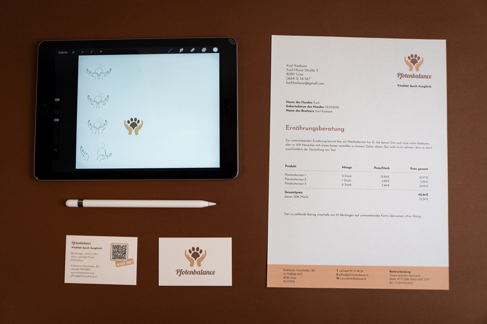 logo sketches on ipad, business cards front and back plus template for invoices and nutrition advice sheets for Pfotenbalance. Corporate Design by Corliss Design