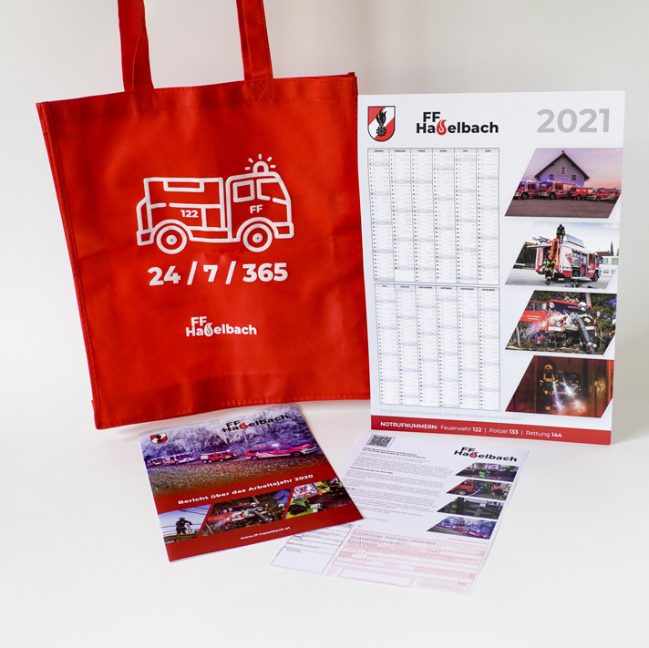 Picture Of A Red Fabric Bag With A Fire Truck And The Logo Of The Local Firefigthers, A3 Yearly Calendar, A4 Brochure With Annual Overview And A4 Info Sheet With Donation Payment Slip-by Corliss Design