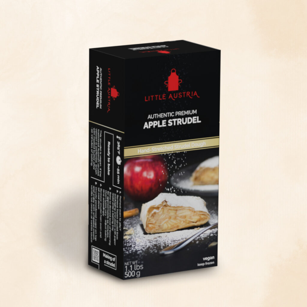 elegant package design for Little Austria, a company that sells apple strudels in the USA.