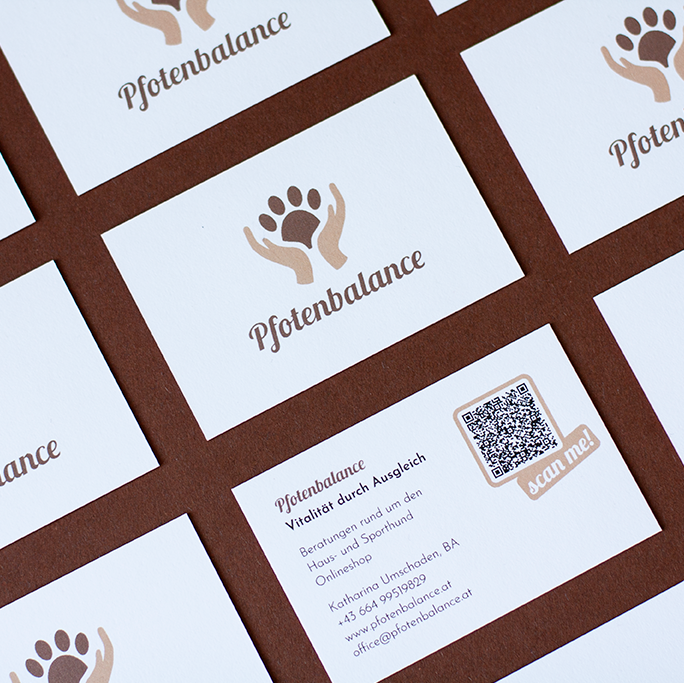 corporate design for Pfotenbalance, business cards flatlay in grid with logos on front side