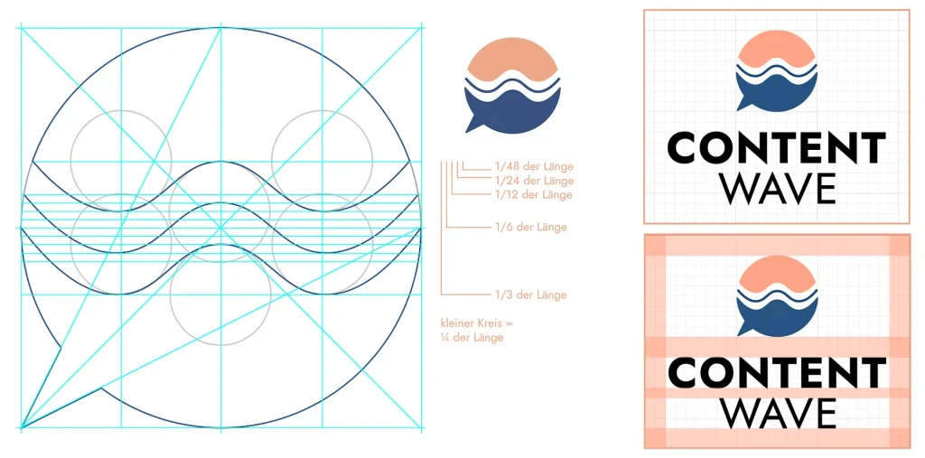 Brand Design von Corliss Design für Content Wave, zu sehen ist die Konstruktion des Logos mit den Verhältnissen zueinander