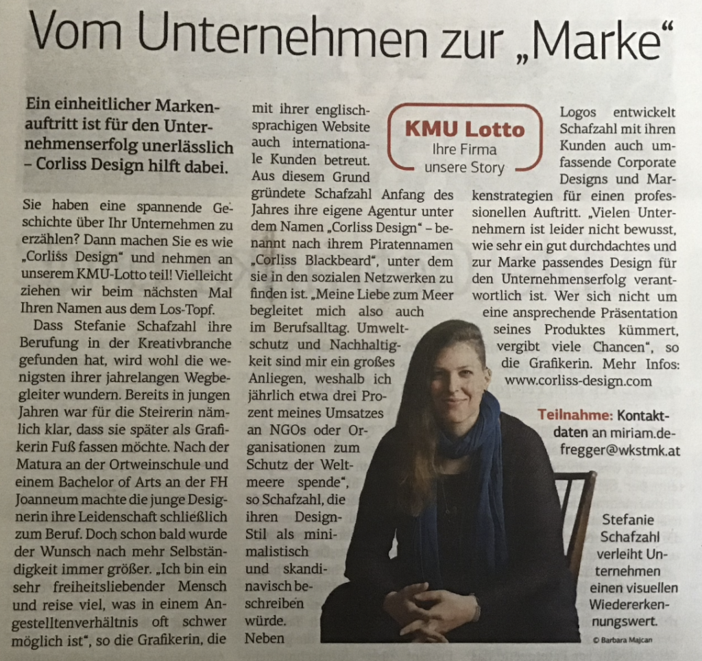 Vom Unternehmen zur Marke - Zeitungsartikel Steirische Wirtschaft Foto des Zeitungsartikel zum KMU Lotto der Steirischen Wirtschaft über Corliss Design "Vom Unternehmen zur Marke". Link zum online Artikel ist unter dem Foto zu finden.
