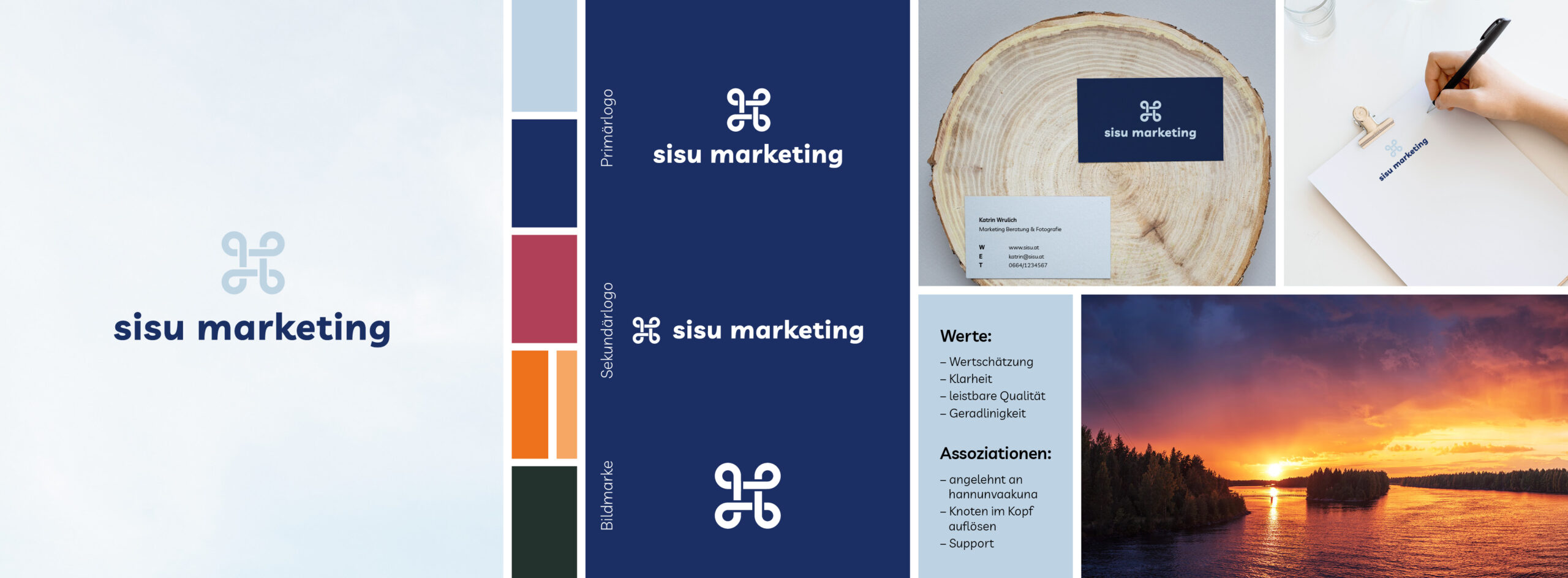 Brand Design Case Study - sisu marketing, gezeigt wird das primäre logo, sekundäre logo und bildmarke, die werte, assoziationen und anwendungsbeispiele