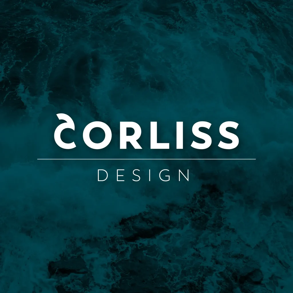 Logo von Corliss Design auf einem eingefärbten Foto von Wellen