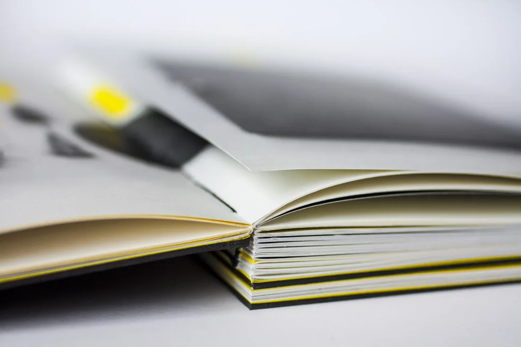 Editorial Design für Buchbindebuch von Stefanie Schafzahl-Corliss Design, zu sehen ist eine aufgeschlagene Doppelseite mit ausklappbarer dritten Seite des originalen, handgebundenen Buchbindebuchs der Bachelorarbeit