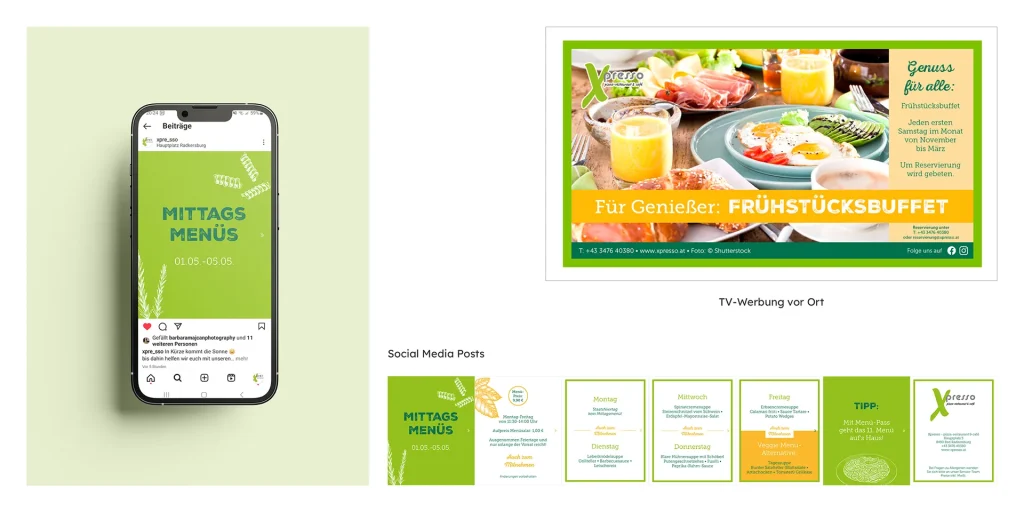 Brand Design bzw. Redesign für Xpresso von Corliss Design, zu sehen sind digitale Werbemittel (Social Media Posts und TV-Werbung)