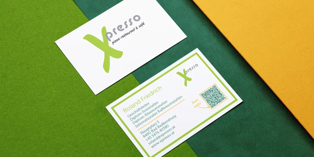 Brand Design bzw. Redesign für Xpresso von Corliss Design, zu sehen sind Visitenkarten