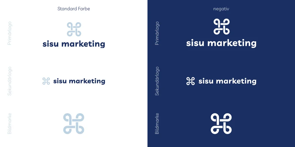Brand Design von Corliss Design für sisu marketing, zu sehen ist eine Logo Übersicht mit Primärlogo, Sekundärlogo und Bildmarke