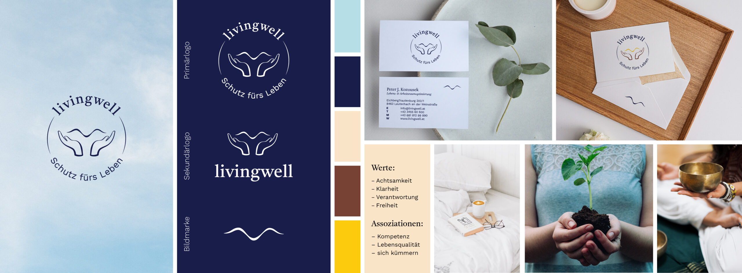 Brand Design Moodboard von livingwell mit Logo-Übersicht, Farbpalette, Werte, Assoziationen, sowie Fotos für Brand Persona | Branding by Corliss Design - Stefanie Schafzahl