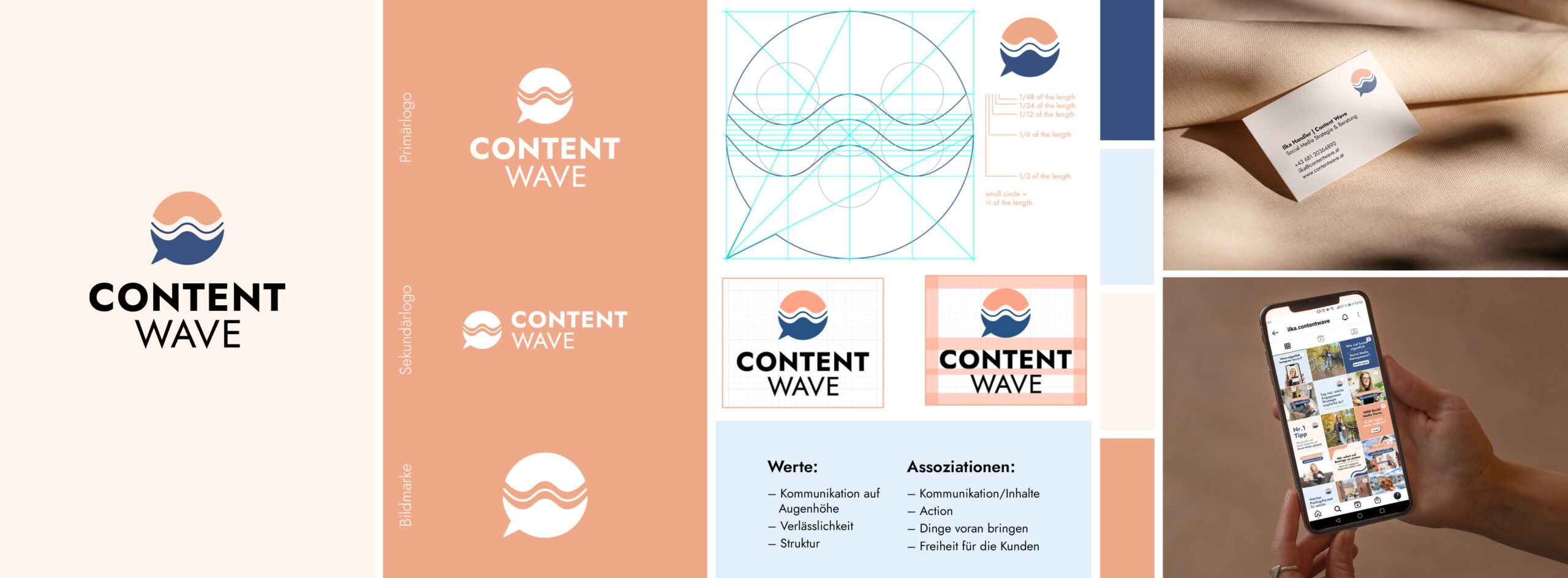 Brand Design Moodboard von content wave mit Logo-Übersicht, Bildmarke-Konstruktion mit Hilfslinien (Verhältnisse der einzelnen Elemente zueinander), Farbpalette, Werte, Assoziationen, sowie Fotos für Social Media und Visitenkarte | Branding by Corliss Design - Stefanie Schafzahl
