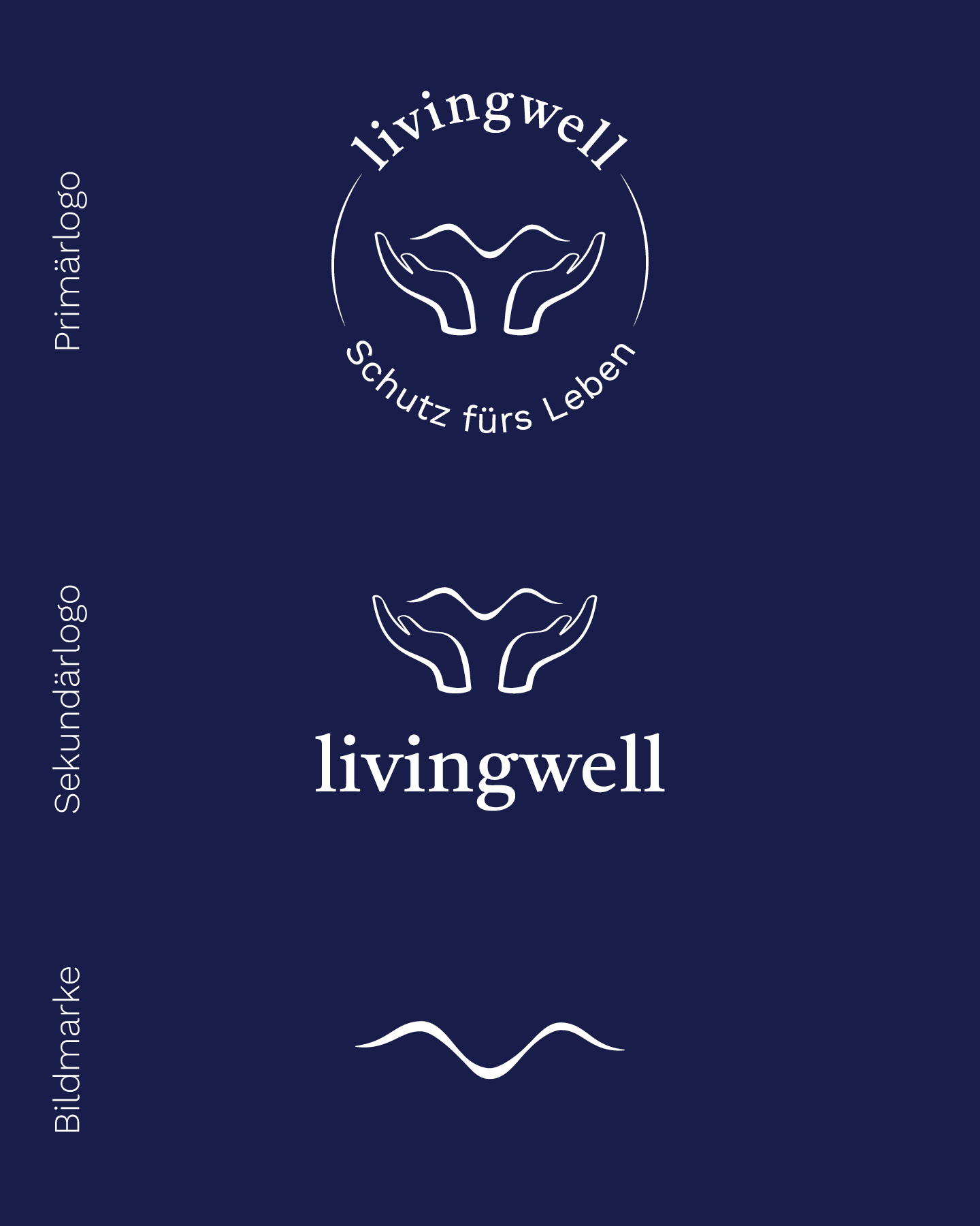 Übersicht der unterschiedlichen Logo-Varianten für livingwell (Primärlogo mit Subline im Kreis angeordnet, Sekundärlogo ohne Subline nur mit Grafik und Name, Bildmarke) | by Corliss Design - Stefanie Schafzahl