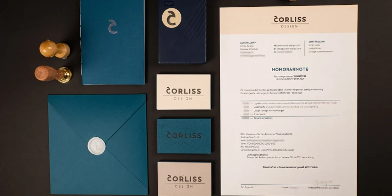 Brand Design von und für Corliss Design, zu sehen ist eine erweiterte Übersicht von Geschäftsdrucksorten