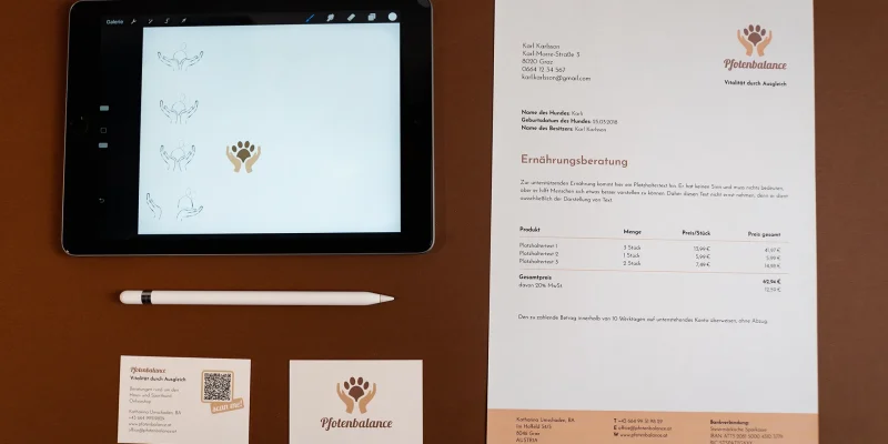 Brand Design von Corliss Design für Pfotenbalance, zu sehen ist eine Übersicht der Geschäftsdrucksorten