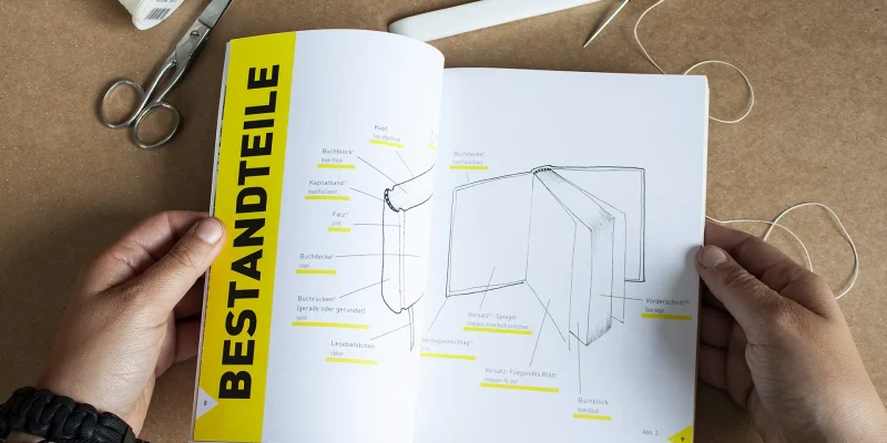 Editorial Design für Buchbindebuch von Stefanie Schafzahl-Corliss Design, zu sehen ist eine Innenseite des Buchbindebuch in der Printausgabe